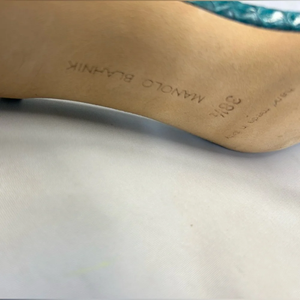 Manolo Blahnik Teal Snakeskin Open Toe Strappy heels Sandals Sz 8.5 - Picture 7 of 7